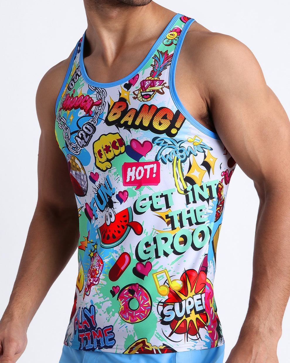 Side view of men's BANG ONE Summer casual tank top for men in a graffiti style BANG! Print.