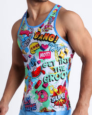 Side view of men's BANG ONE Summer casual tank top for men in a graffiti style BANG! Print.
