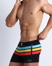 Left side view of an in-shape men wearing swimming shorts with color stripes, made by the Miami-based Bang! brand of men's beachwear.