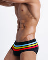 Side view of Brazilian sungas for men with bold color stripes, made by the Miami-based Bang! brand of men's beachwear.