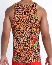 Back view of male model's back view showing the CATS N'ROSES summer cotton tank top for men featuring animal print of brown cheetah with red roses by Bang! Miami.