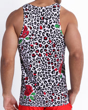 Back view of model's back view showing the SO RED THE ROSE summer tank top for men with animal print of black and white cheetah with red roses by Bang! Menswear