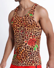Side view of a man wearing the CATS N'ROSES casual soft tank top for men by Bang! Clothes in a brown leopard animal print with red roses.