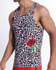 Side view of a man wearing the SO RED THE ROSE casual soft cotton tank top for men by Bang! Clothes black & white leopard animal print with red roses.