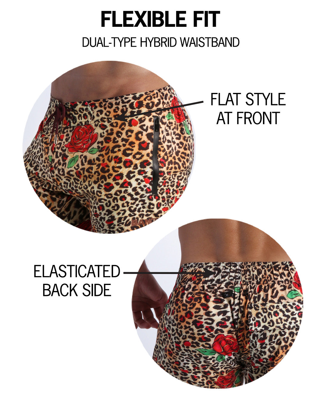 Infographic showing the flexibility of the shorts with a flat style at front and elastic back side. 