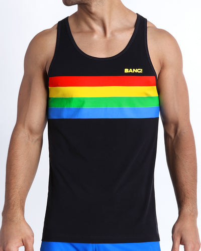 Frontal view of Male model wearing the FOUREVER STRIPES VOL 1 men's beach tank top in cottonby the Bang! Clothes brand of men's swimwear from Miami.