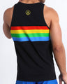 Back view of the FOREVER STRIPES VOL 1 men's cotton tank top in black with colored bands in green, red, yellow and blue by Bang! Miami.