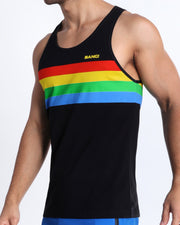 Side view of the FOUR EVER STRIPES VOL 1 casual soft tank top for men in dark black with stripes in red, yellow, blue and green by Bang! Clothing of Miami.