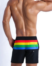 Back side of the FOREVER STRIPES VOL 1 beach mens swimsuit in black with colored bands in green, red, yellow and blue.