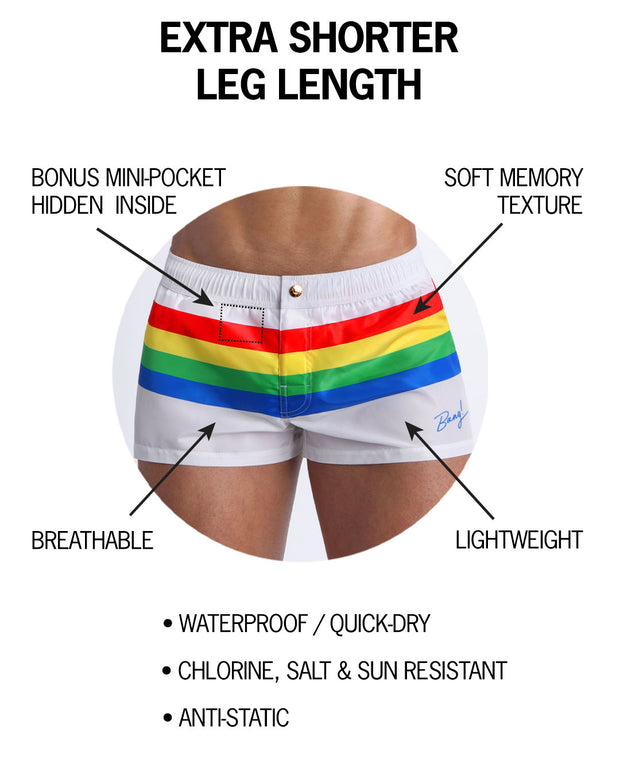 Infographic explaining the extra shorter length with bonus mini pocket, soft memory texture, lightweight, breathable features. 