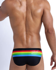 Back side of the FOREVER STRIPES VOL 1 beach mini-briefs in black with colored bands in green, red, yellow and blue by Bang! Miami.