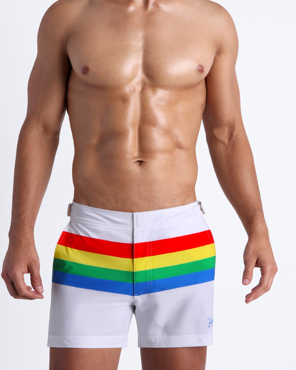 Male model wearing the FOUREVER STRIPES VOL 2 men's beach tailored shorts by the Bang! Clothes brand of men's swimwear from Miami.