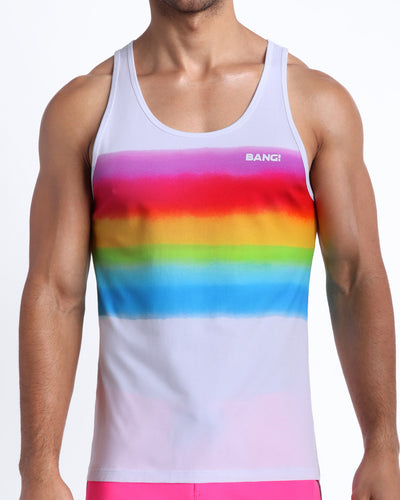 Frontal view of the GIMME YOUR LOVE men’s cotton beach tank top with a sprayed rainbow by the Bang! brand of men's beachwear from Miami.