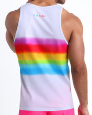 Back view of a model wearing GIMME YOUR LOVE Summer cotton tank top for men insipired by Mariah Carey's Rainbow album cover photo by David LaChapelle.