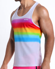 Side view of the GIMME YOUR LOVE casual soft tank top tribute to outfit of Mariah Carey in cover of Rainbow album perfect for poolside & beach.
