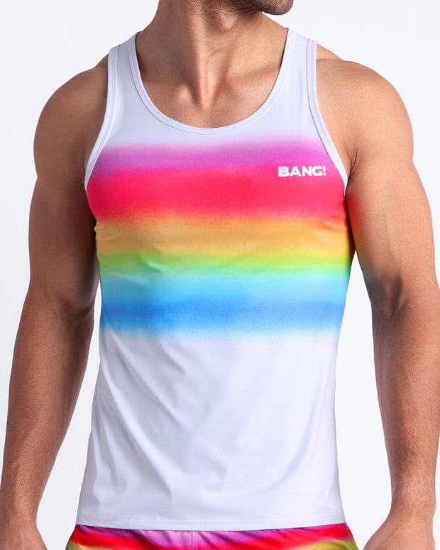 Frontal view of the GIMME YOUR LOVE men’s beach tank top with a sprayed rainbow by the Bang! brand of men&