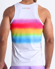 Back view of a model wearing GIMME YOUR LOVE Summer tank top for men insipired by Mariah Carey's Rainbow album cover photo by David LaChapelle.
