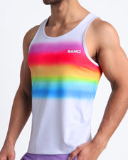 Side view of the GIMME YOUR LOVE casual tank top tribute to outfit of Mariah Carey in cover of Rainbow album.