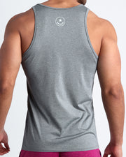 Back view of the GREY MATTERS men's fitness tank top in a gray color by BANG! menswear Miami.