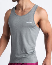 Side view of men’s fitness tank top in dark stone grey color made by BANG! Clothing the official brand of mens beachwear. 