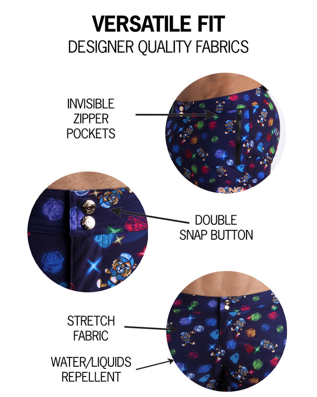 Infographic showing the versatile fit of these beach shorts by Bang! Clothes based in Miami.