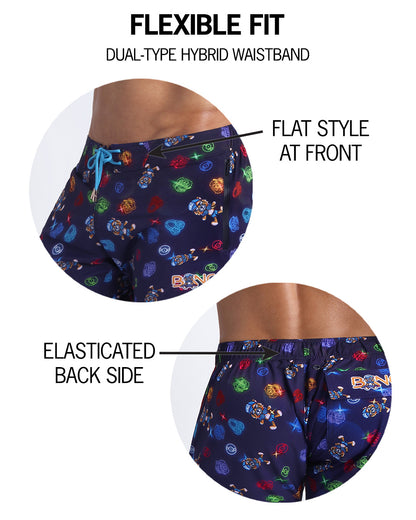 Infographic showing the flexibility of the shorts with a flat style at front and elastic back side. 