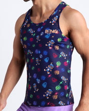 Right side view of an in-shape men's torso wearing a casual tank top for men by the Bang! brand of menswear from Miami.