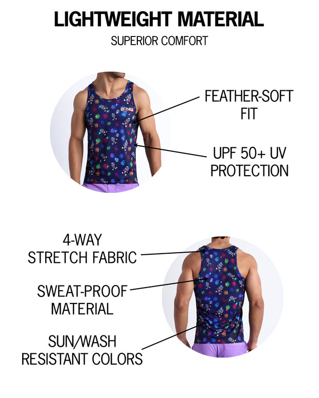 Infographic explaining feather soft fit, sweat proof, lightweight material of the BANG! clothes fitness tank top.