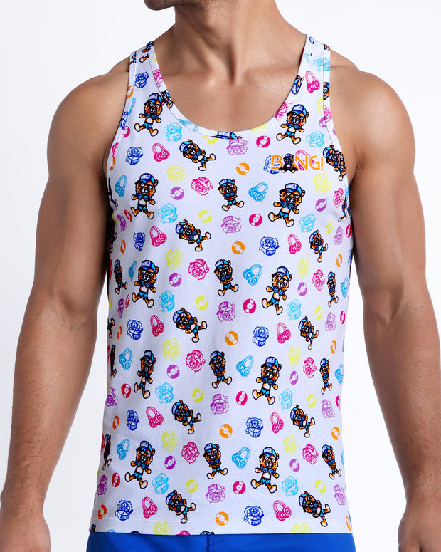 Frontal view of model wearing the HEY MISTER TJ (POOLSIDE MIX) Men’s  cotton beach tank top in white with headphones and vynil disca by Bang! men&