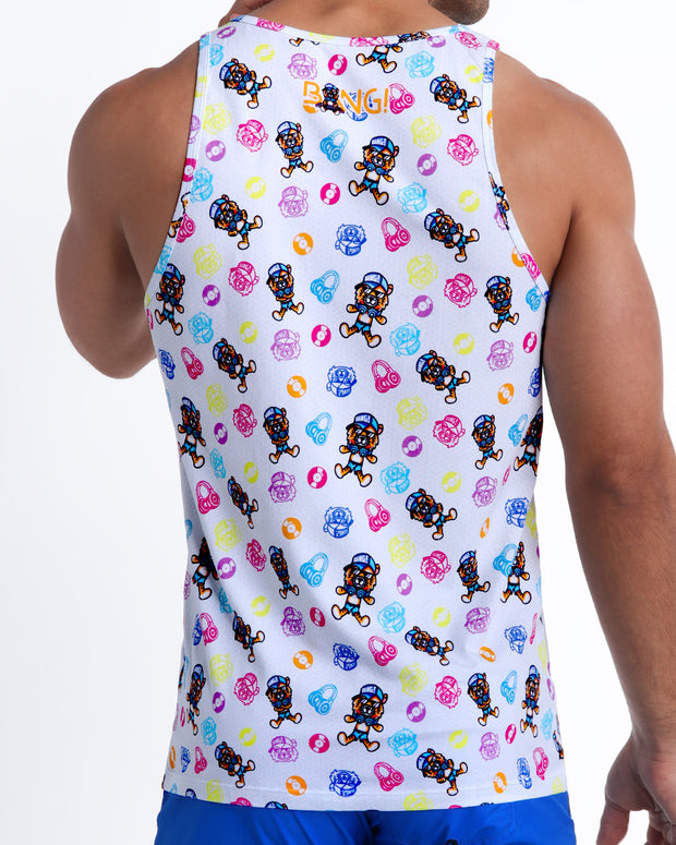 Back view of model wearing the HEY MISTER TJ (POOLSIDE MIX) Men’s summer cotton tank top by BANG! with clubbing and disc-jockey details in dark colors.