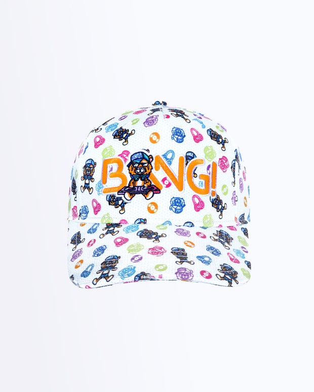 Frontal view of the HEY MISTER TJ  Baseball cap in white with flat embroidered dj tiger graphic and orange BANG! logo. Distressed-effect details for a relaxed/worn in fit by BANG! Clothing based in Miami.