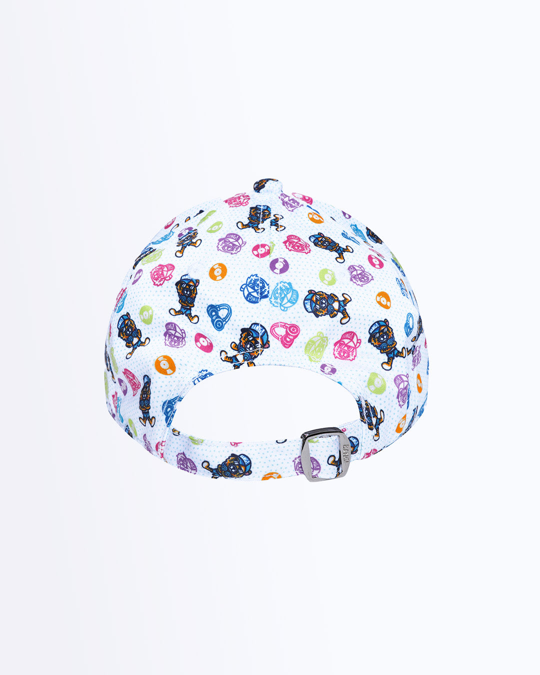 Back view of Bang! Clothing’s HEY MISTER TJ iconic dad hat with dj tiger embroidered. Features a one size fits all with a silver adjustable back strap.