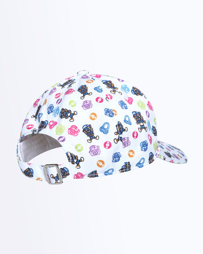 Back view of Bang! Clothing’s ROOOAAR iconic dad hat with brand label embroidered in yellow and red. Features a one size fits all with a silver adjustable back strap.