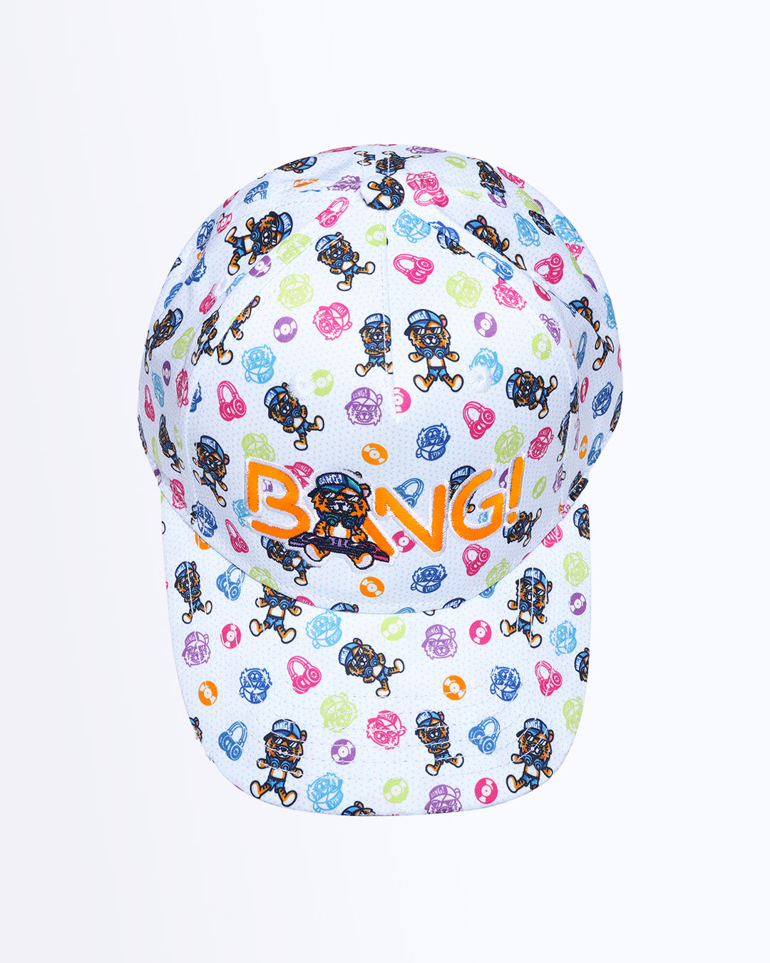 Frontal view of the HEY MISTER TJ Baseball cap in white with flat embroidered tiger graphic. Distressed-effect details for a relaxed/worn in fit by BANG! Clothing based in Miami.