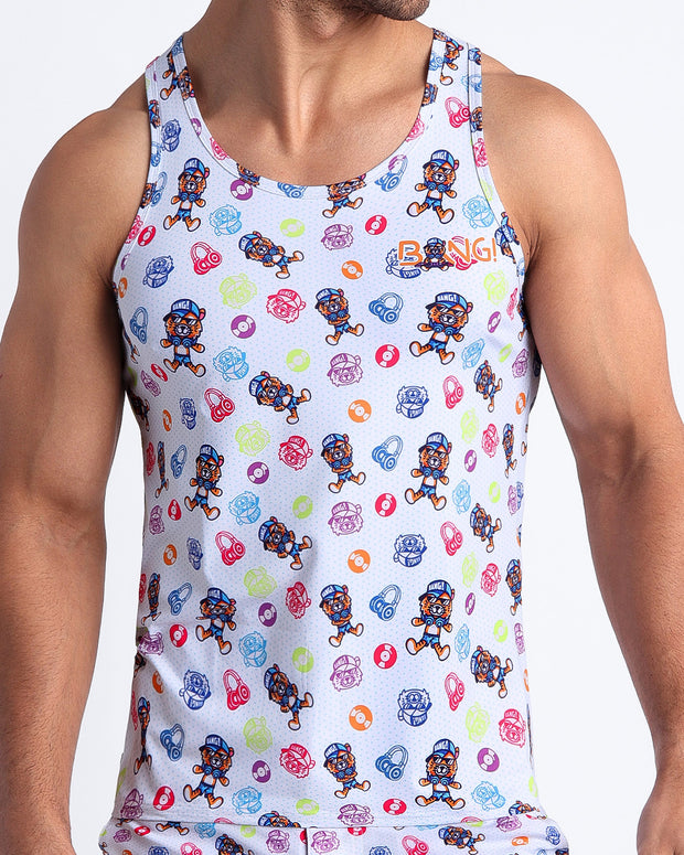 Frontal view of model wearing the HEY MISTER TJ (POOLSIDE MIX) Men’s beach tank top in white with colorful headphones and disc shapes and a dj tiger print by Bang! men&