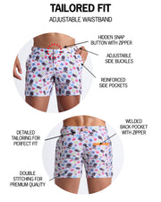 Infographic explaining hidden snap button with zipper, reinforced side pockets, and welded back pocket with zipper premium quality beach shorts for men.