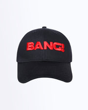 Frontal view of the HIGH BLACK Baseball cap in a solid black with flat embroidered BANG! logo in a bright red color. Distressed-effect details for a relaxed/worn in fit by BANG! Clothing based in Miami.