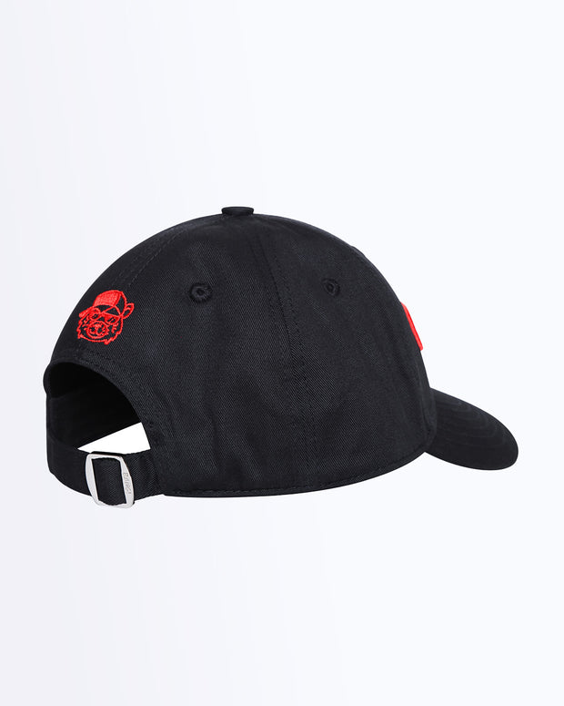 Back view of Bang! Clothing’s HIGH BLACK iconic dad hat with a cool tiger head embroidered in a red. Features a one size fits all with a silver adjustable back strap.
