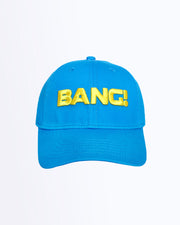 Frontal view of the HIGH BLUE Baseball cap in a solid bright sky blue with flat embroidered BANG! logo in a bright yellow color. Distressed-effect details for a relaxed/worn in fit by BANG! Clothing based in Miami.