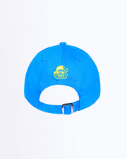 Back view of Bang! Clothing’s HIGH BLUE iconic dad hat with a cool tiger head embroidered in a yellow color. Features a one size fits all with a silver adjustable back strap.