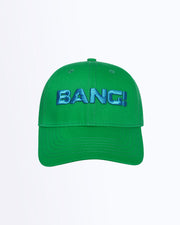 Frontal view of the HIGH GREEN Baseball cap in a solid emerald green color with flat embroidered BANG! logo in a true blue color. Distressed-effect details for a relaxed/worn in fit by BANG! Clothing based in Miami.