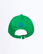 Back view of Bang! Clothing’s HIGH GREEN iconic dad hat with a cool tiger head embroidered in a dark blue color. Features a one size fits all with a silver adjustable back strap.