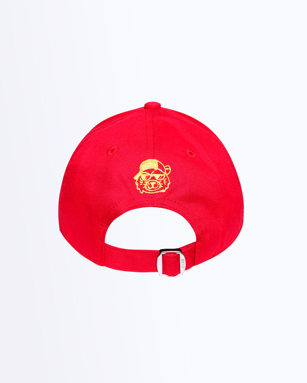 Back view of Bang! Clothing’s HIGH RED iconic dad hat with a cool tiger head embroidered in a yellow color. Features a one size fits all with a silver adjustable back strap.