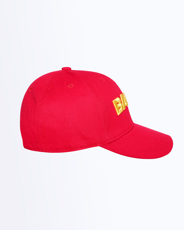 Side View Bang! Clothing HIGH RED streetwear fitted hat in a red color is structured to battle the heat with ventilation eyelets for extra breathability designed by Bang! The official brand of menswear.