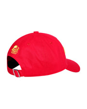 Back view of Bang! Clothing’s HIGH RED iconic dad hat with a cool tiger head embroidered in a yellow color. Features a one size fits all with a silver adjustable back strap.