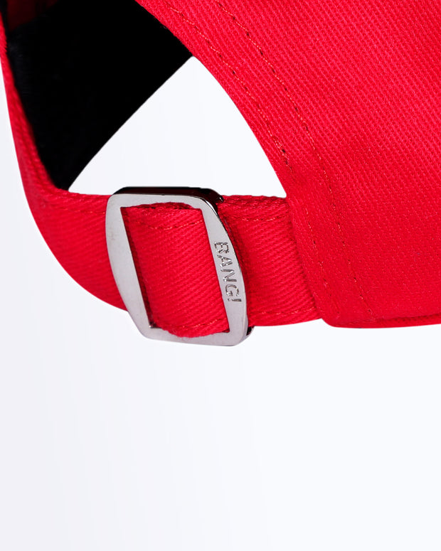 Back view of Bang! Clothing’s HIGH RED iconic dad hat features a one size fits all with a silver adjustable back strap.