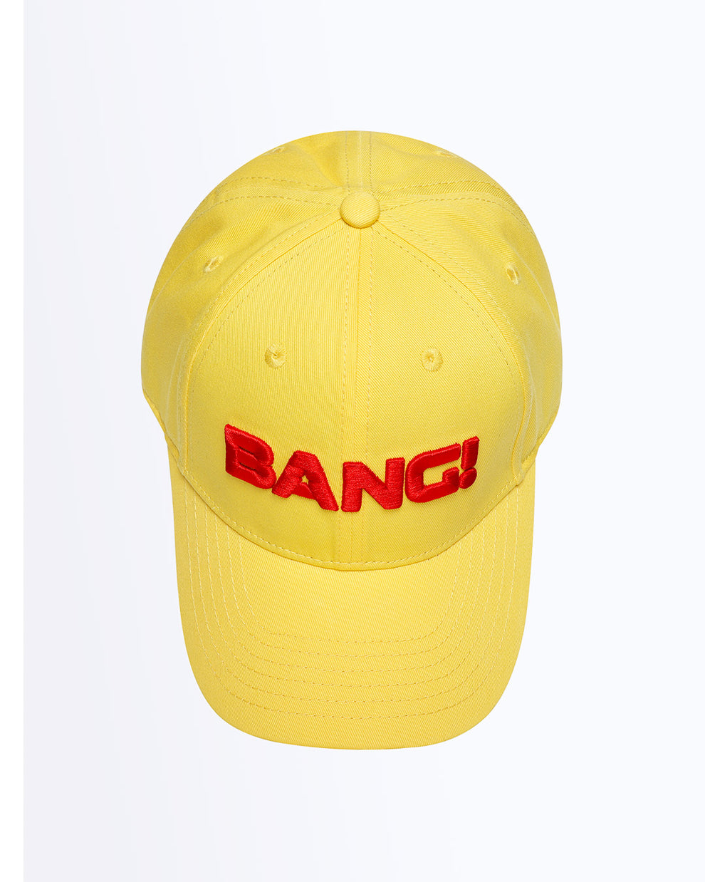 Top View Bang! Clothing HIGH YELLOW streetwear fitted hat in a yellow color is structured to battle the heat with ventilation eyelets for extra breathability designed by Bang! The official brand of menswear.
