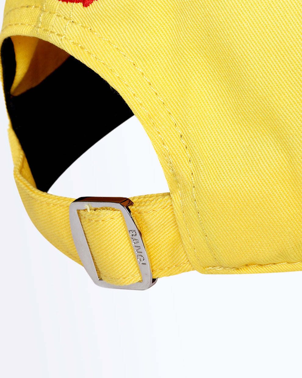 Back view of Bang! Clothing’s HIGH YELLOW iconic dad hat features a one size fits all with a silver adjustable back strap.