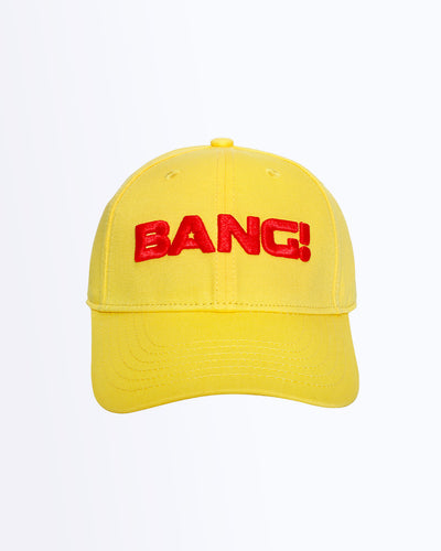 Frontal view of the HIGH YELLOW Baseball cap in a solid bright yellow with flat embroidered BANG! logo in a bright red color. Distressed-effect details for a relaxed/worn in fit by BANG! Clothing based in Miami.
