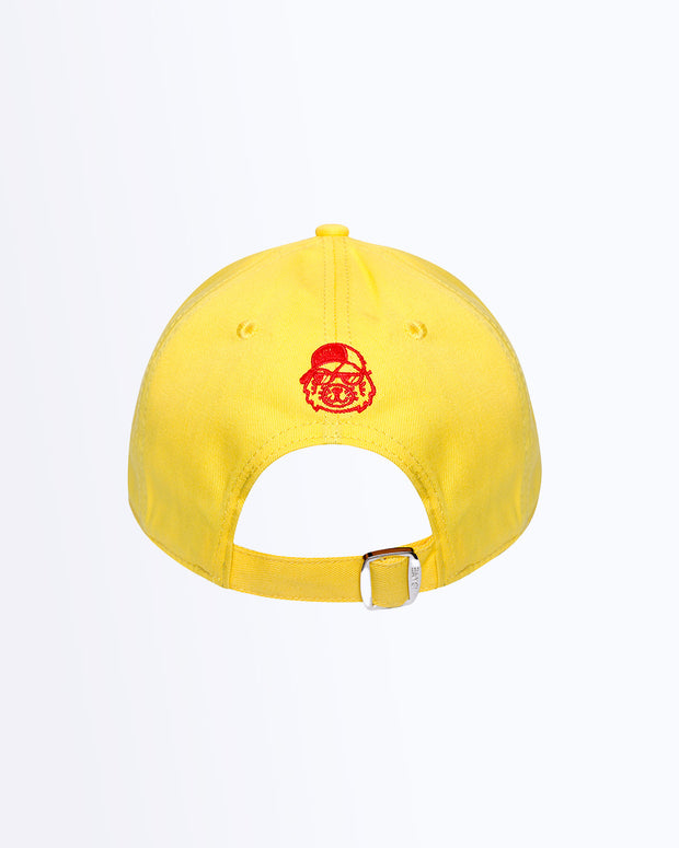 Back view of Bang! Clothing’s HIGH YELLOW iconic dad hat with a cool tiger head embroidered in a red color. Features a one size fits all with a silver adjustable back strap.